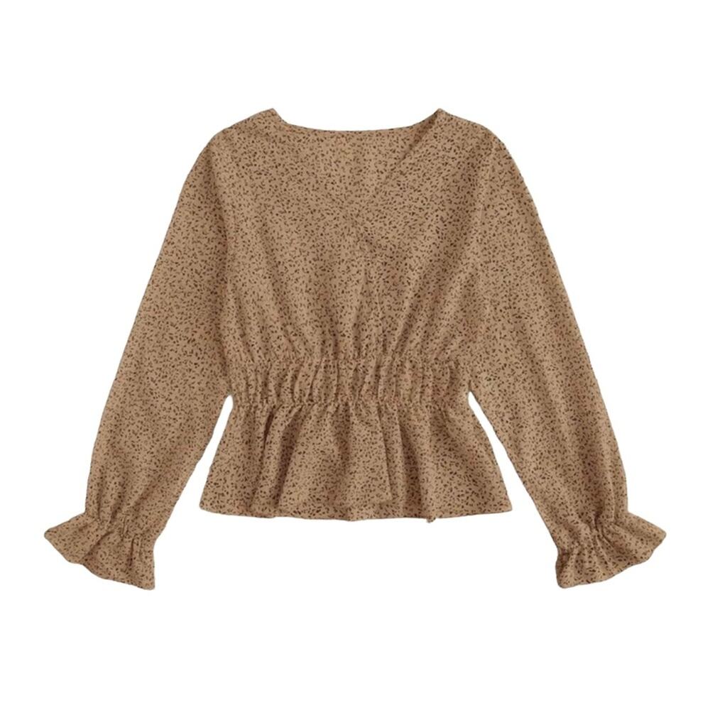 1X SHEIN Tan Brown Allover Print Long Sleeve Peplum Wrap V Neck Blouse Top Shirt - Picture 2 of 7